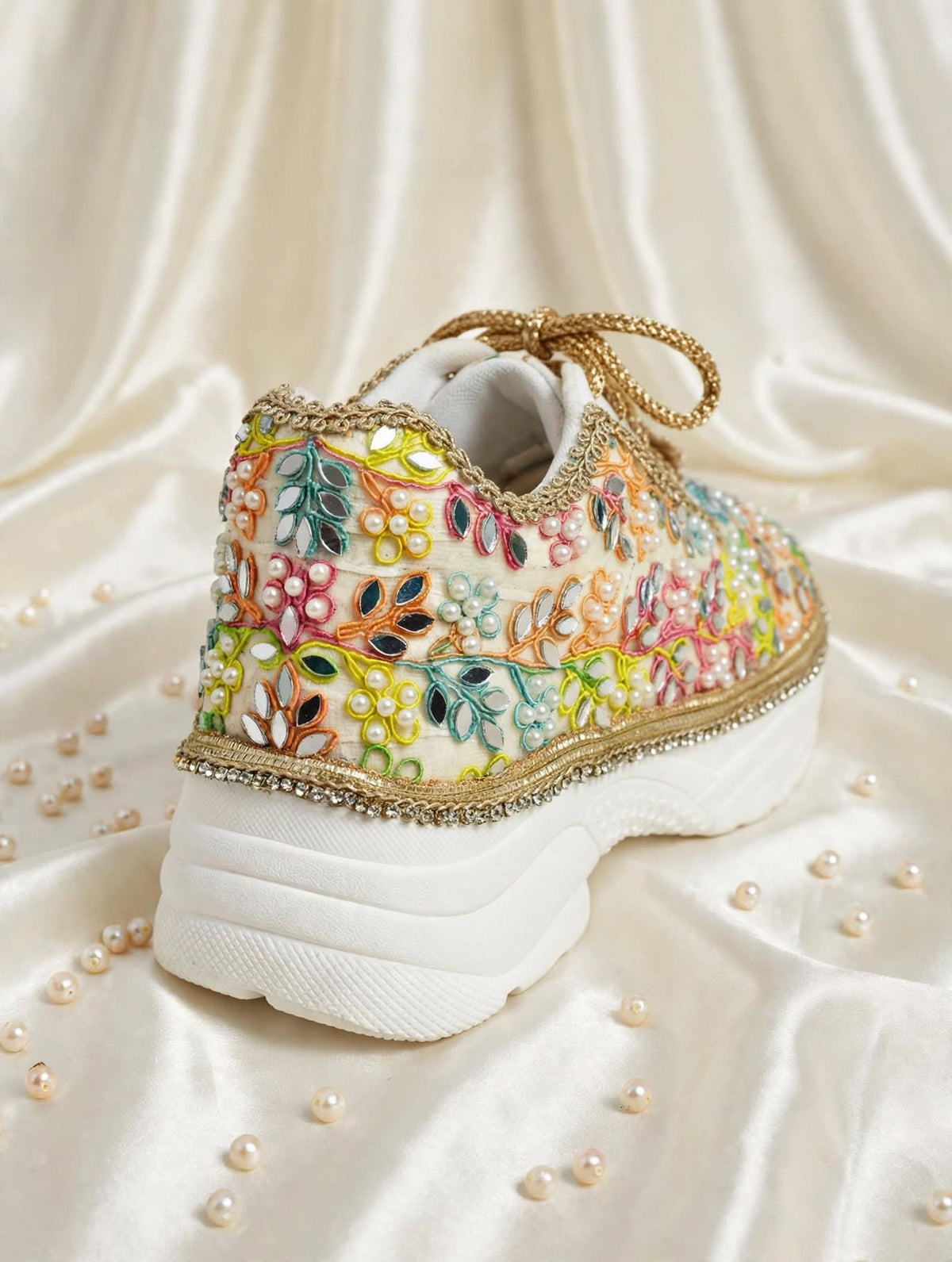 “Rainbow Bridal Sneakers with Mirror detailing– Floral Embroidery”