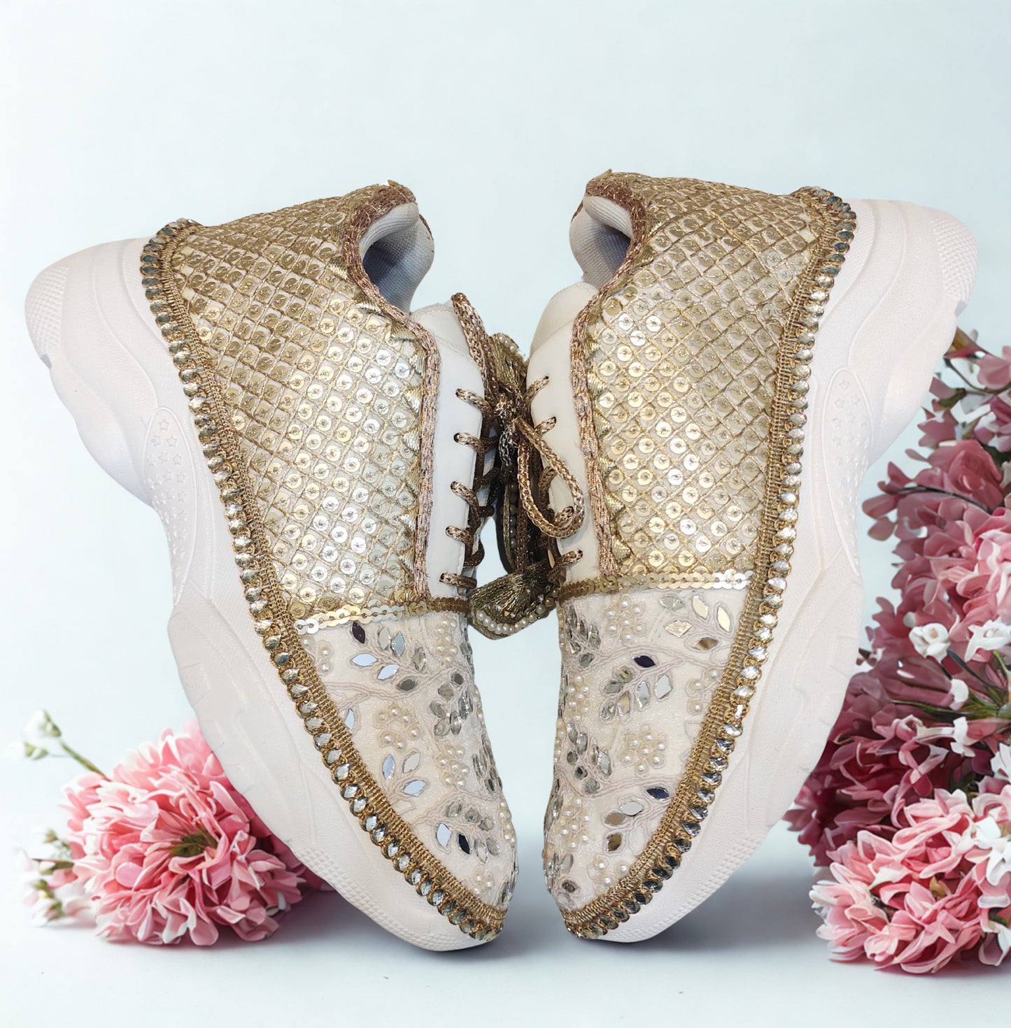 Funky N Trendy Ivory Gold Magic Bridal Sneakers – Custom Pearl and Mirror Detailing