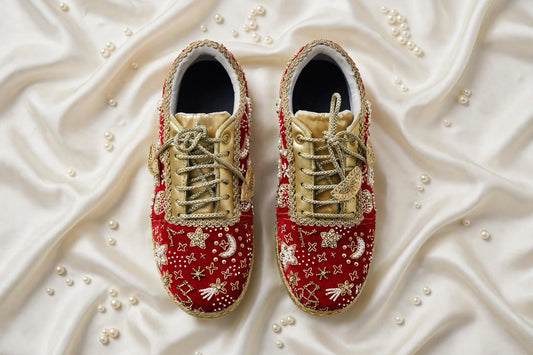 Galaxy Theme Red & Gold Bridal Sneakers with Hand Embroidery – Custom Wedding Shoes for Bride