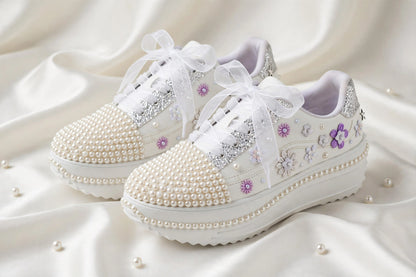 Funky N Trendy white pearl work sneakers with purple / lavender floral detailing / pearl sneakers