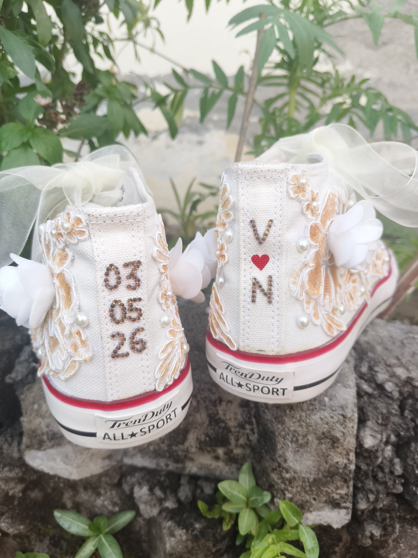 Customized Bridal Sneakers with Name initials / wedding date– Wedding Shoes for Bride/ white floral sneakers