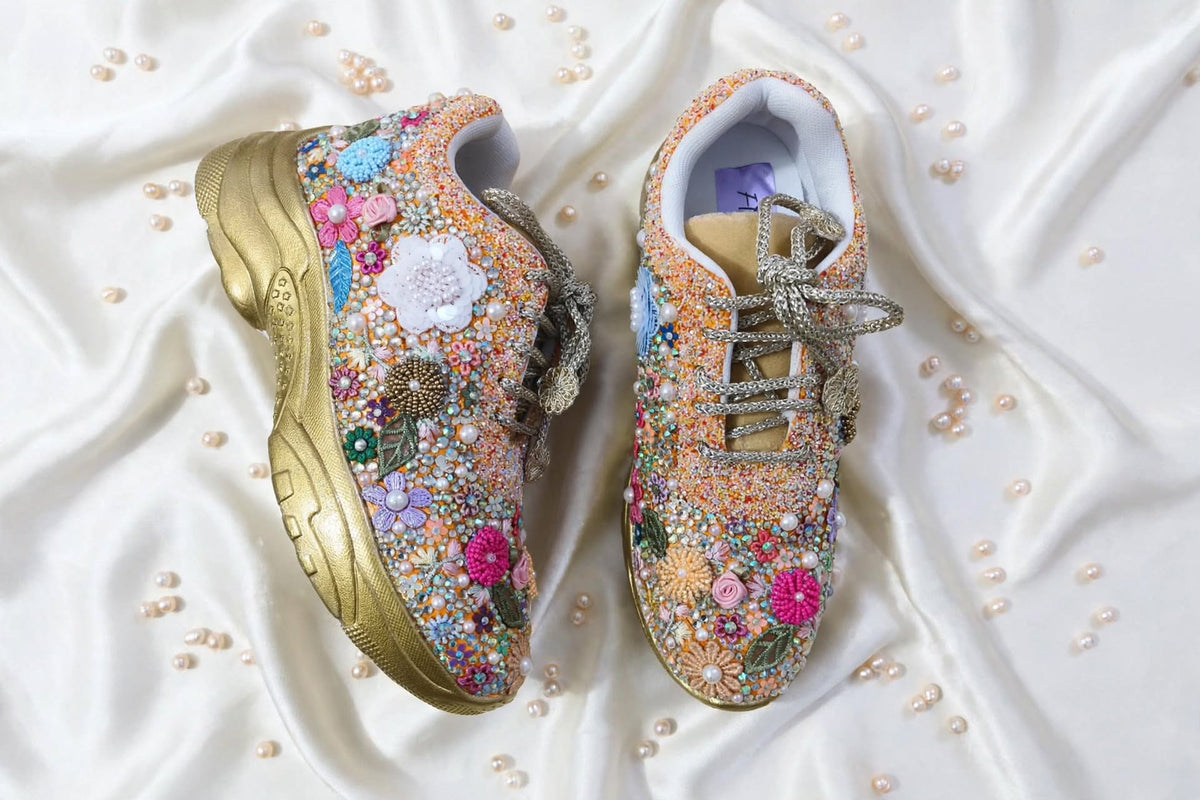 FUNKY N TRENDY fully hand crafted floral work with beads rhinestones cutdana sneakers / flower shoes / gold sneakers