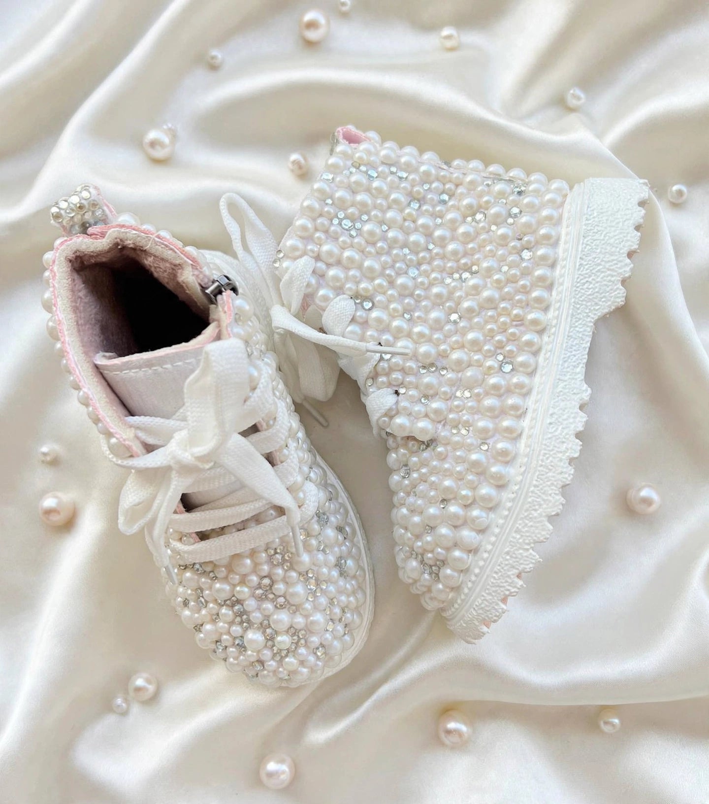 Funky N Trendy – White Pearl Bridal Boots for Baby Girls | Crystal Embellished Birthday Boots with Zipper
