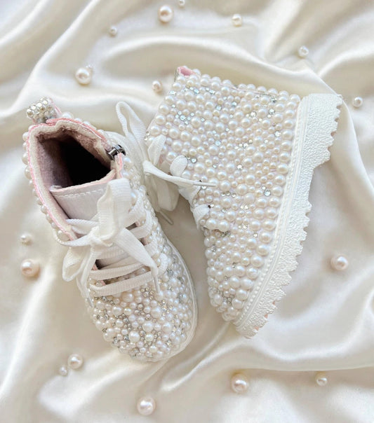 Funky N Trendy – White Pearl Bridal Boots for Baby Girls | Crystal Embellished Birthday Boots with Zipper