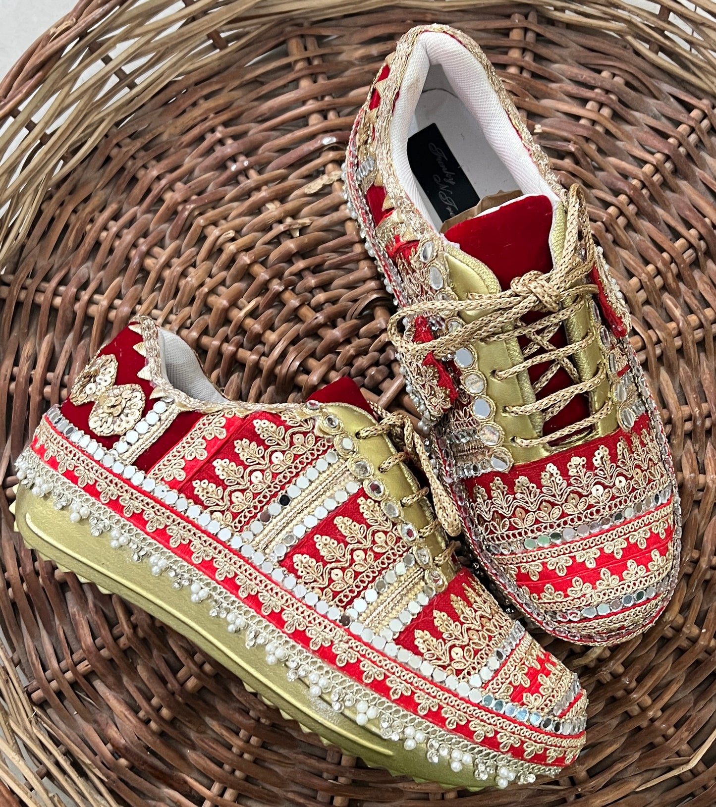 FUNKY N TRENDY red and gold bridal sneakers / bridesmaid sneakers/ golden sneakers / gold sneakers / red shoes / red bridal sneakers / embroidered shoes / embroidered sneakers