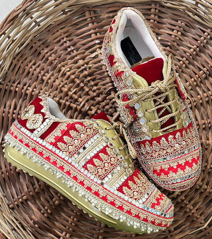 FUNKY N TRENDY red and gold bridal sneakers / bridesmaid sneakers/ golden sneakers / gold sneakers / red shoes / red bridal sneakers / embroidered shoes / embroidered sneakers