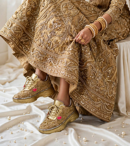 Funky N Trendy hand crafted golden bridal sneakers bridesmaid sneakers/ gold sneakers / golden sneakers / golden embroidery sneakers with tint of hot pink tassels