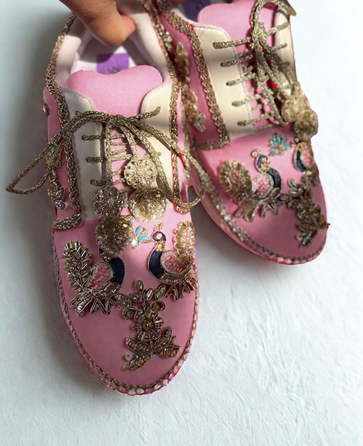 “Peacock Pink Bridal Sneakers – Floral Embroidery”