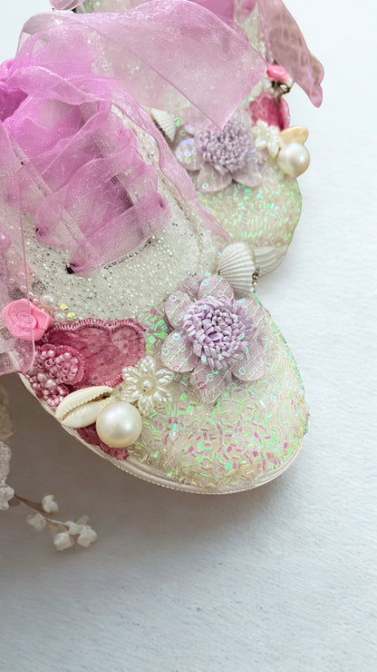 FUNKY N TRENDY pink /white/ purple lilac theme floral butterfly sneakers with shells pearls detailing for brides / bridesmaids with custom couple name initials/ pink shoes / purple shoes