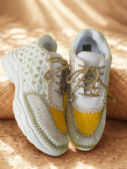 Funky N Trendy ivory and yellow embroidery work bridal sneakers/ bridesmaid sneaker / golden sneakers/ yellow sneakers / sequine work sneakers/ yellow shoes/ silver golden sneakers