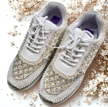 FUNKY N TRENDY Ivory Magic Bridal Sneakers – Custom Bead Detailing with pearls and swaroski