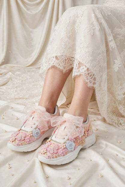 FUNKY N TRENDY peach/white/ blue floral butterfly theme sneakers with pearls detailing for brides / bridesmaids with custom couple name initials/ pink shoes / peach shoes