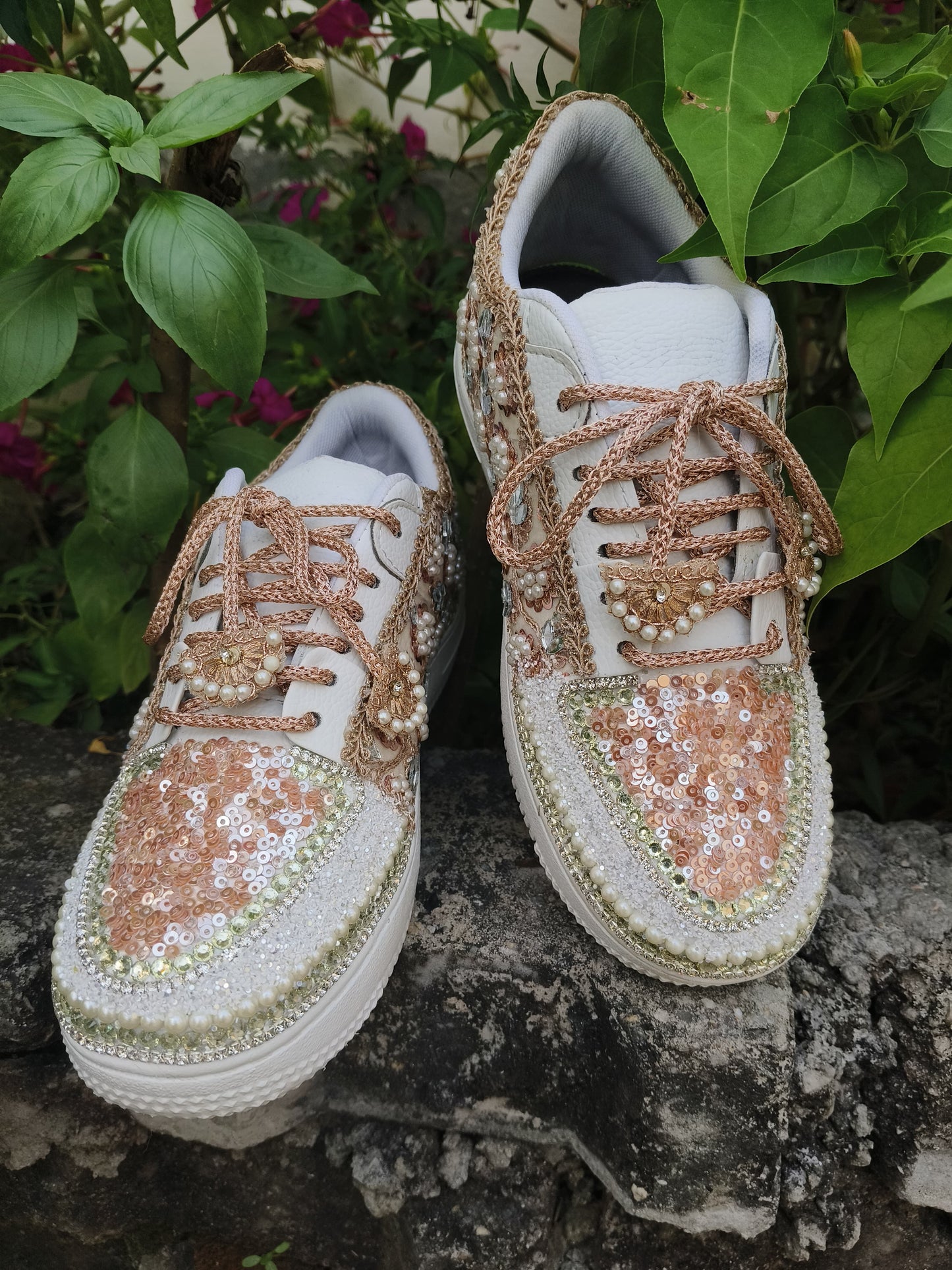 FUNKY N TRENDY rose gold/ tan peach/gold sneakers with pearl detailing for brides / bridesmaids/ ivory sneakers / beige sneakers / tan peach shoes/ rose gold sneakers / rose gold shoes