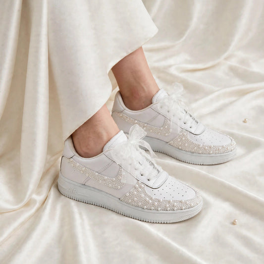 LUNA - Custom Pearl Bridal Sneakers with Wedding Date & Initials | Hand-Embellished White Wedding Sneakers