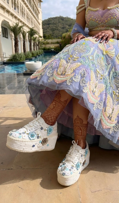 FUNKY N TRENDY Hand embroidered floral theme sneakers - wedge sneakers heeled sneakers/ white sneakers