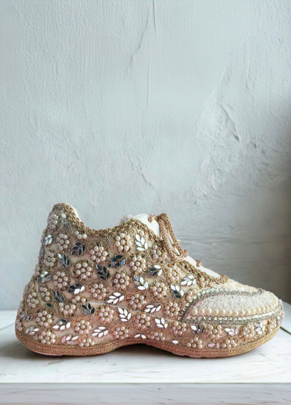 Mirror leaves Pearl blossom Dull gold/ beige Bridal Sneakers – Floral Embroidery” / gold sneakers /ivory sneakers/peach sneakers