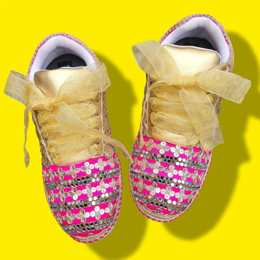 Funky N Trendy Hot pink zari work with mirror detailing bridal sneakers/ bridesmaid sneaker / golden sneakers/ hot pink sneakers / pink shoes for bride/ rani pink sneakers
