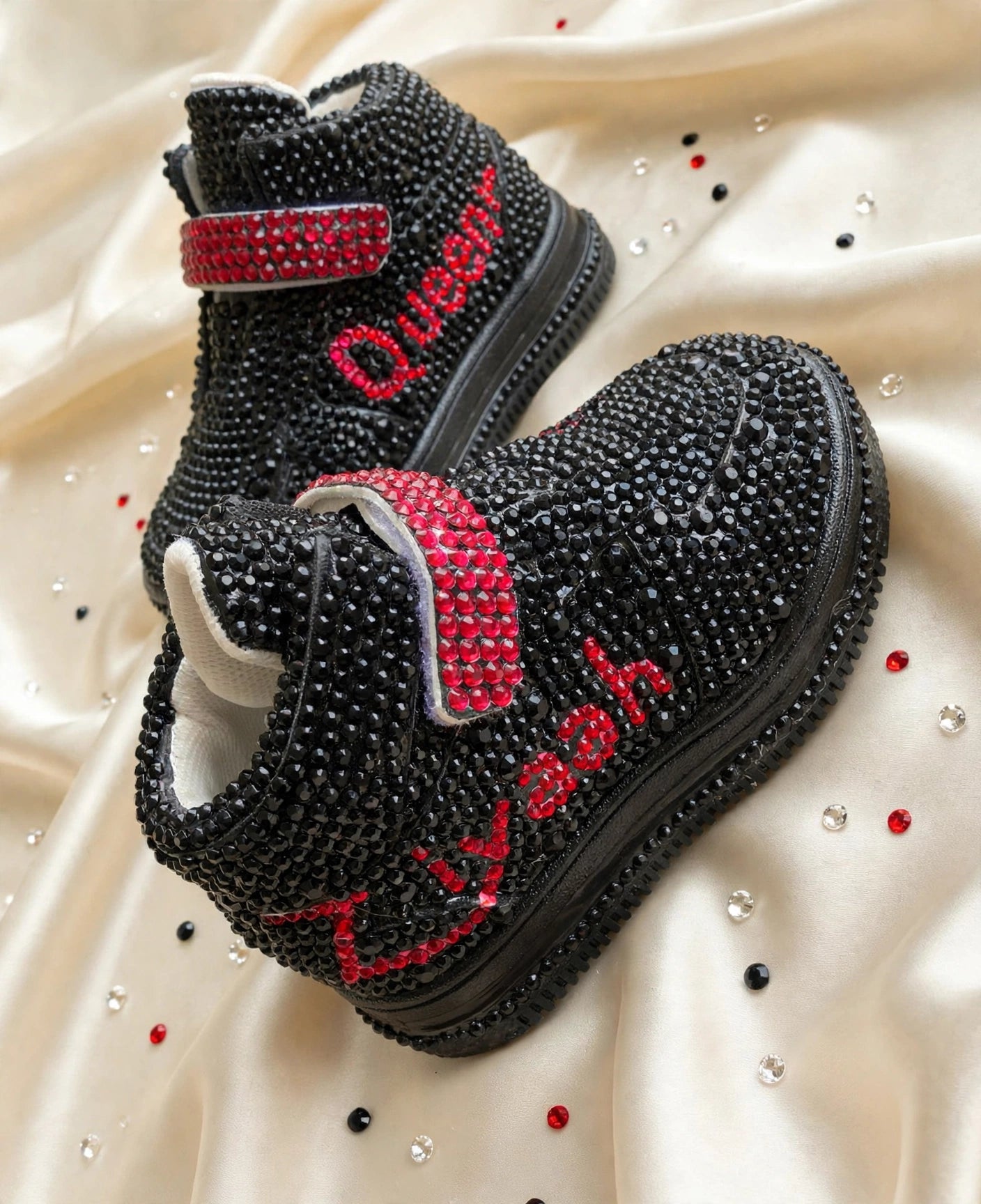 Funky N Trendy black and red rhinestone sneakers with custom name sneakers