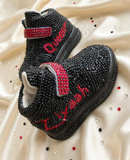 Funky N Trendy black and red rhinestone sneakers with custom name sneakers