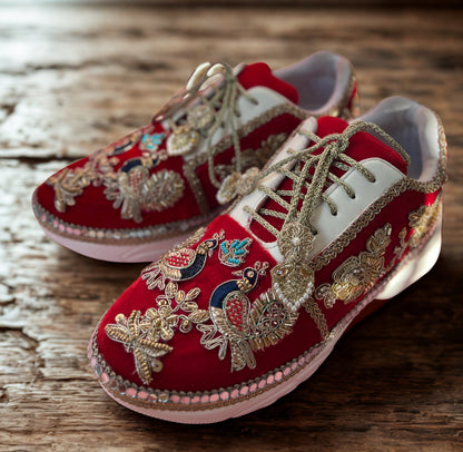 Funky N Trendy Peacock Magic Red Bridal Sneakers – Dance-Ready & Personalised