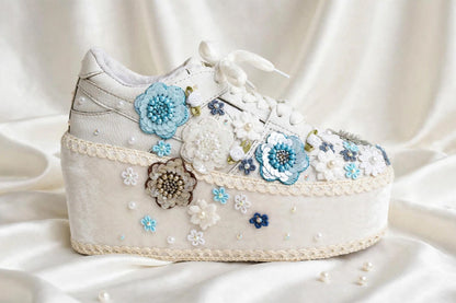 Princess Blue Floral Embroidered Platform Bridal Sneakers - White Wedding Sneakers for Bride