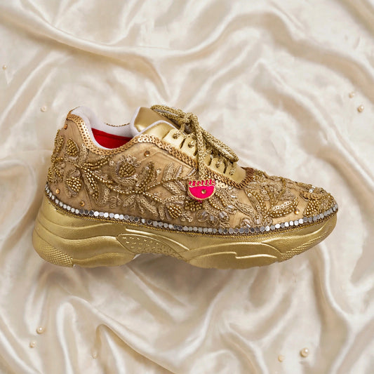 Funky N Trendy hand crafted golden bridal sneakers bridesmaid sneakers/ gold sneakers / golden sneakers / golden embroidery sneakers with tint of hot pink tassels