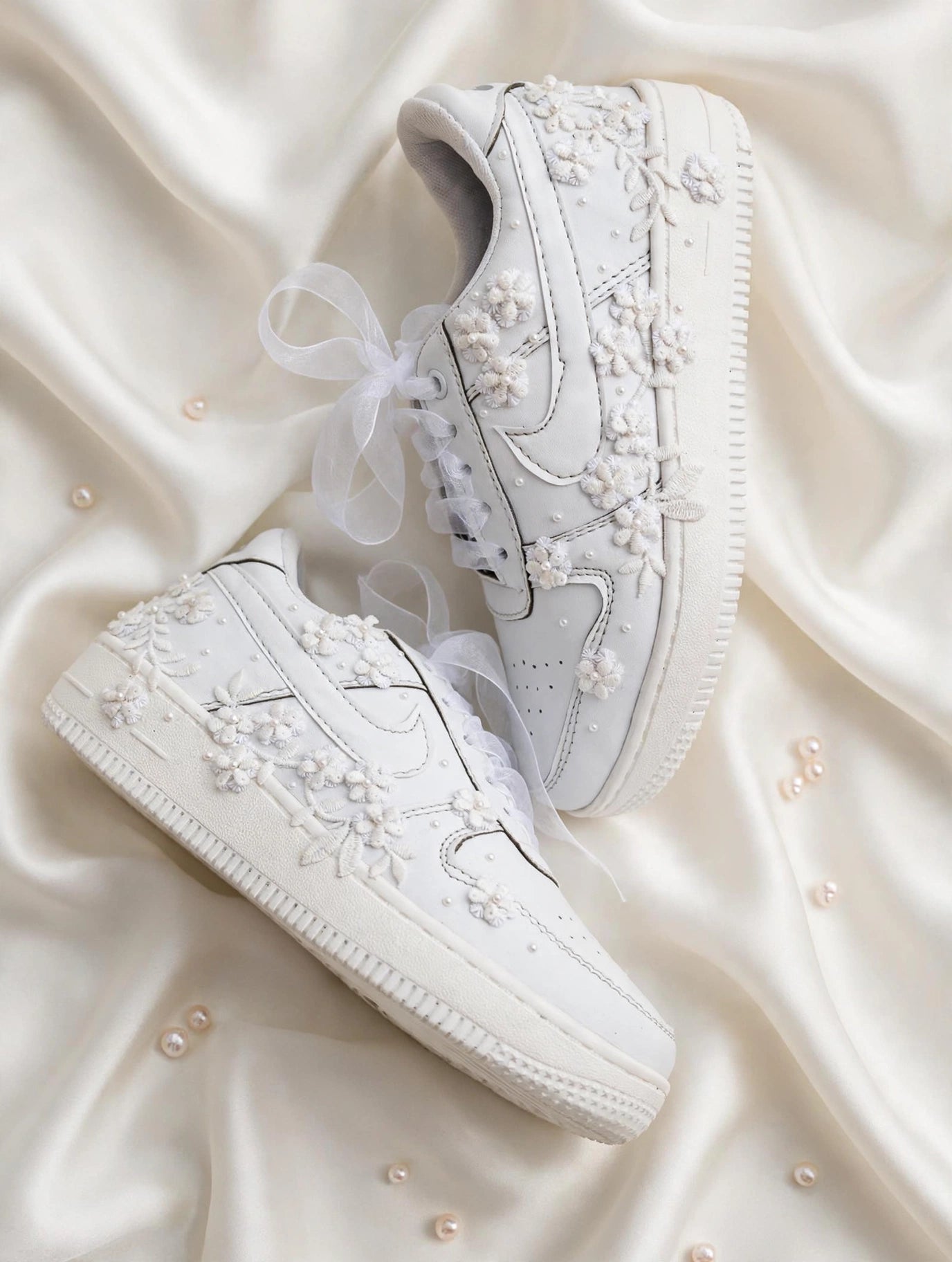 Bridal Floral Lace Sneakers | Custom White Wedding Sneakers with Pearl Embellishments