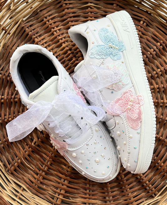 Funky N Trendy silver / white embroidery work bridal sneakers/ bridesmaid sneaker / hancrafted sneakers / white sneakers / silver sneakers/ pearl shoes /pearl sneakers/pink and blue butterfly sneakers