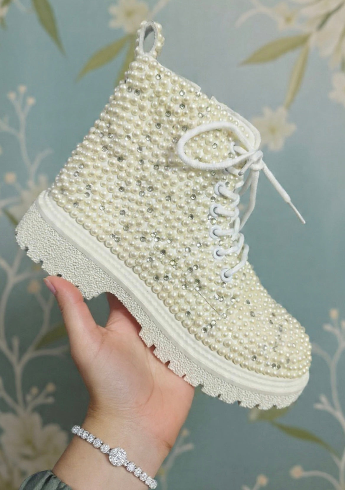 Funky N Trendy white pearl hand work sneakers / bridal sneakers/ sneaker for bride / white sneakers/ pearl sneakers for bride/ bridesmaid sneakers / pearls sneakers / pearl boots