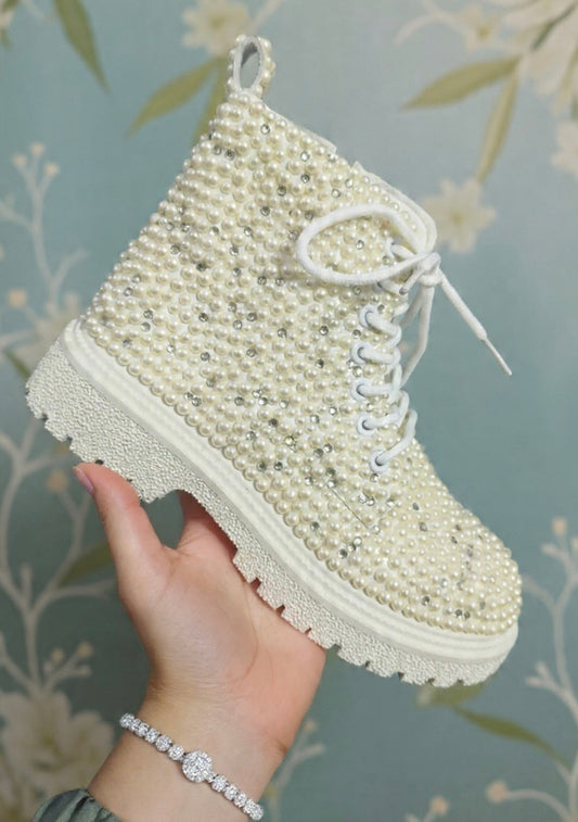 Funky N Trendy white pearl hand work sneakers / bridal sneakers/ sneaker for bride / white sneakers/ pearl sneakers for bride/ bridesmaid sneakers / pearls sneakers / pearl boots
