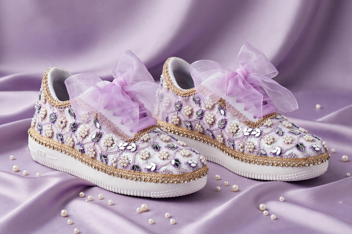 “Purple Bridal Sneakers with Mirror detailing– Floral Embroidery”