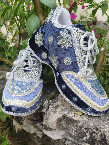 Midnight Blue Velvet Bridal Sneakers with Silver Cutdana & Crystal Embellishments