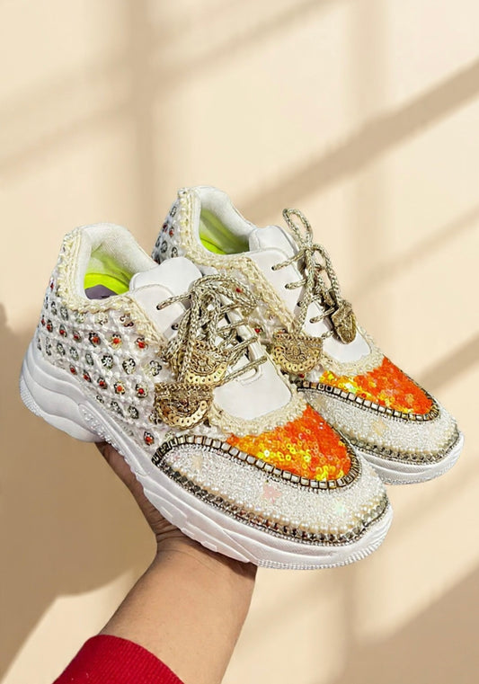 Funky N Trendy ivory and orange embroidery work bridal sneakers/ bridesmaid sneaker / golden sneakers/ orange sneakers / sequine work sneakers/ orange shoes/ silver golden sneakers