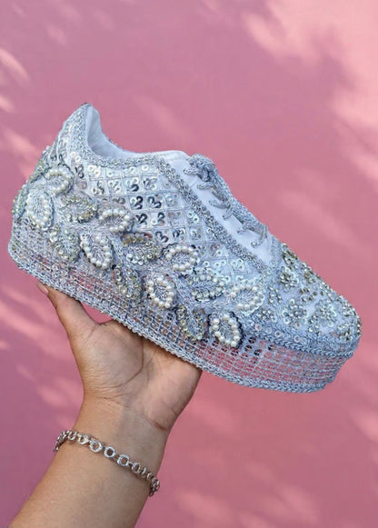 FUNKY N TRENDY Silver Mirror sequine work sneakers - wedge sneakers heeled sneakers/ silver sneakers