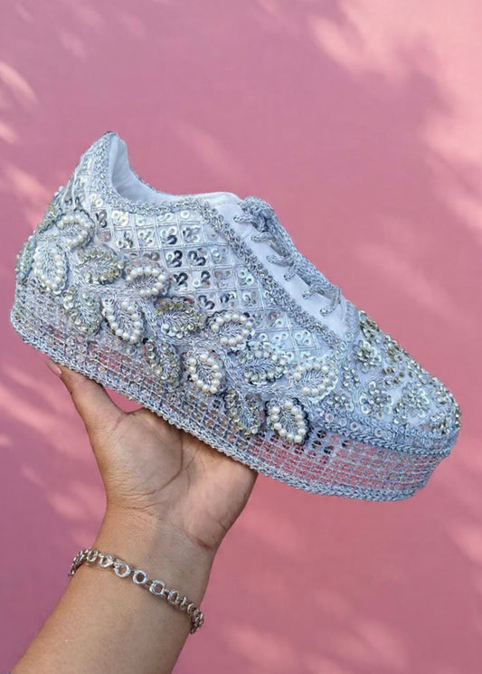 FUNKY N TRENDY Silver Mirror sequine work sneakers - wedge sneakers heeled sneakers/ silver sneakers