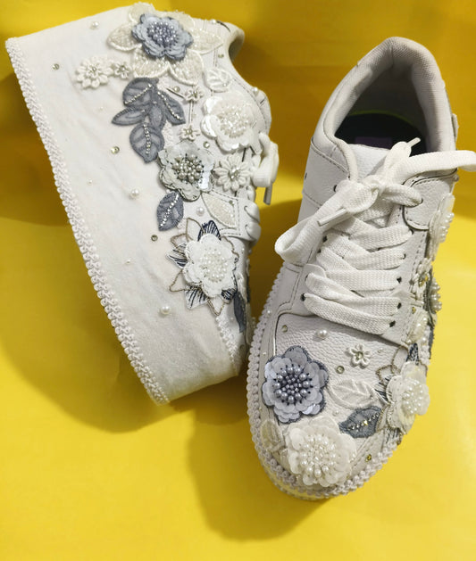 Customized White and Gray garden Bridal Sneakers with Name initials / wedding date– Wedding Shoes for Bride/ white sneakers