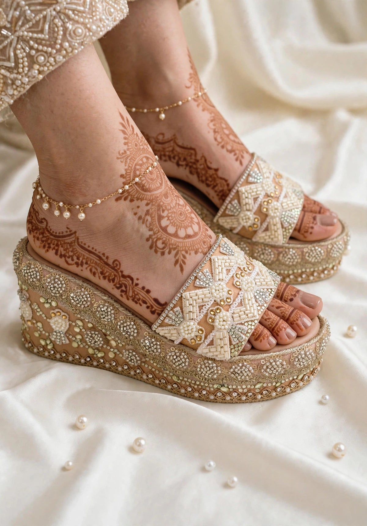 Handcrafted Bridal Embroidered Wedges - Beige / ivory