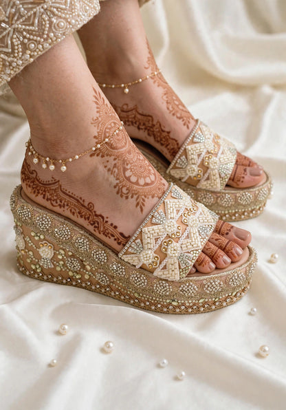 Handcrafted Bridal Embroidered Wedges - Beige / ivory