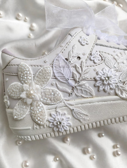 The Pearl - Hand Embroidered White Bridal Sneakers with Pearl Flowers