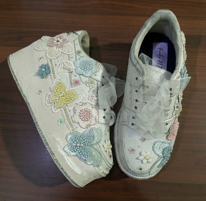 FUNKY N TRENDY Hand embroidered butterfly theme sneakers - wedge sneakers heeled sneakers/ white sneakers