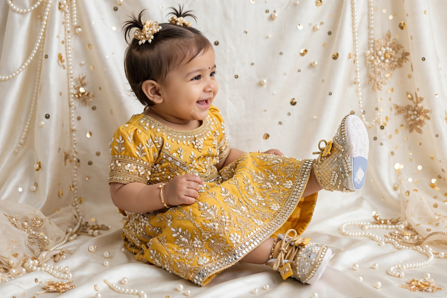 Aaira - Ivory & Gold Baby Girl Ethnic Sneakers | Pearl & Mirror Work First Birthday Shoes