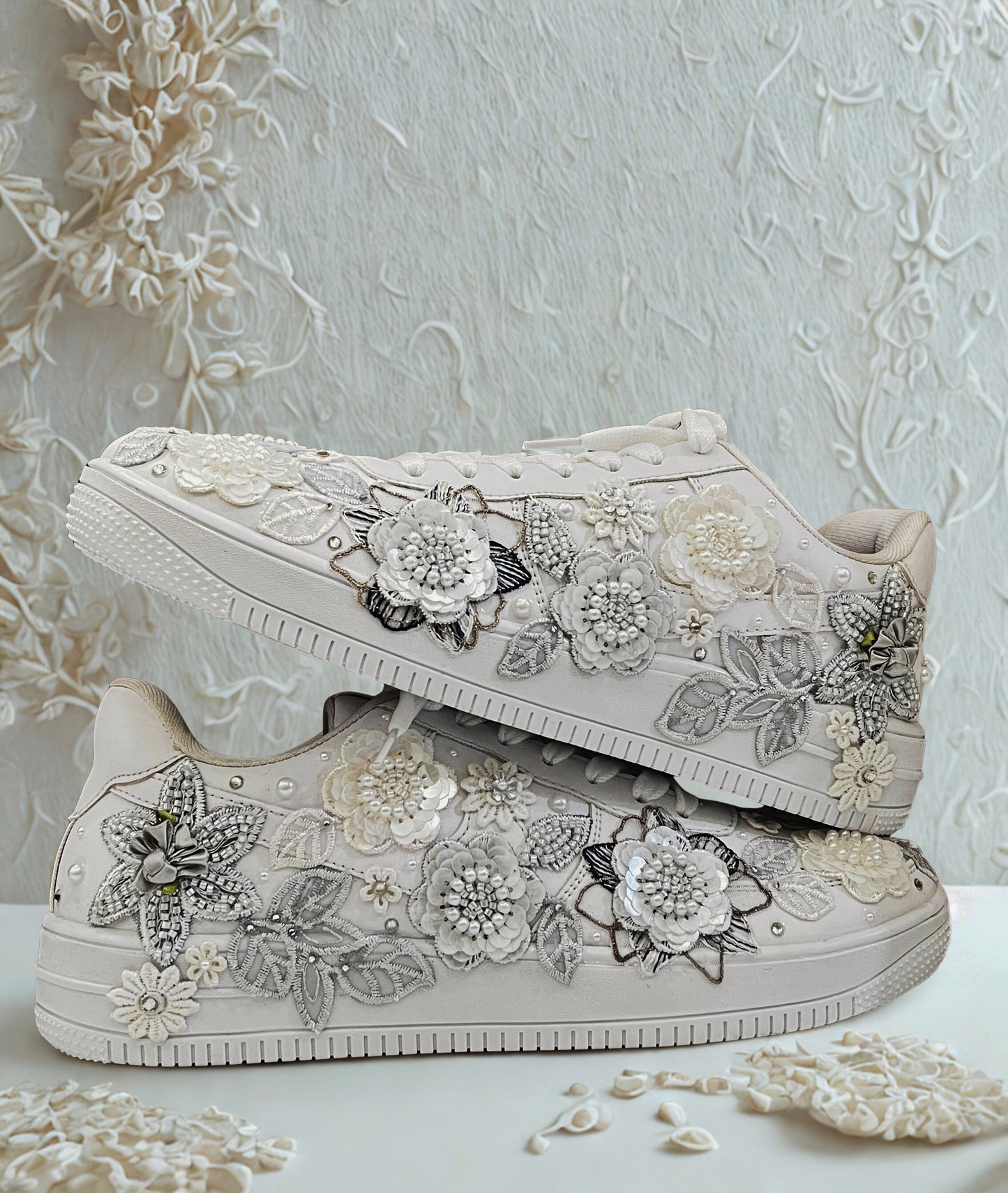 Funky N Trendy white gray
“Floral garden Bridal Sneakers/ bridesmaid sneakers – Embroidered Magic”