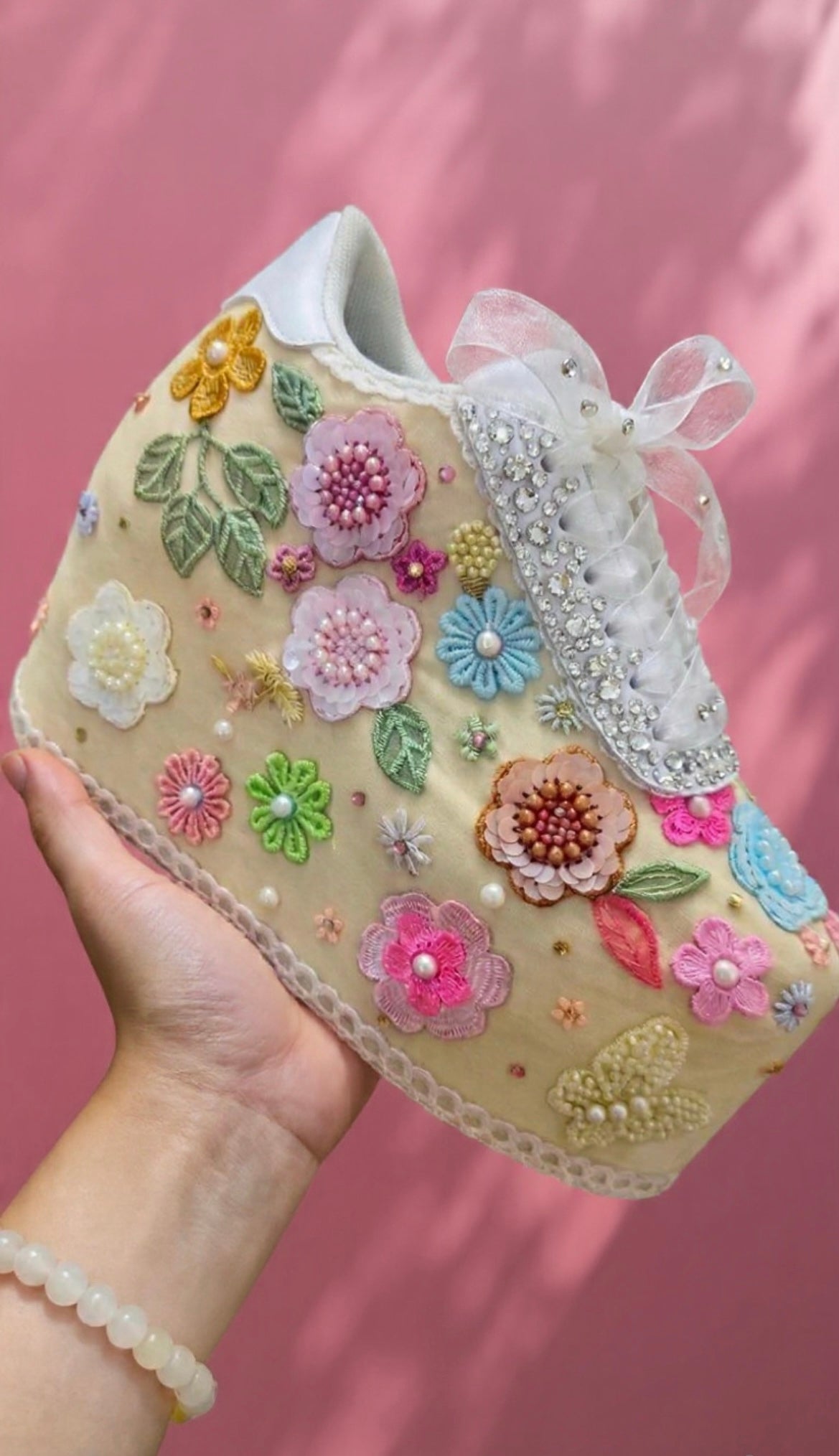 FUNKY N TRENDY Hand embroidered floral theme sneakers - wedge sneakers heeled sneakers/beige sneakers