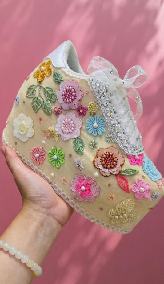 FUNKY N TRENDY Hand embroidered floral theme sneakers - wedge sneakers heeled sneakers/beige sneakers