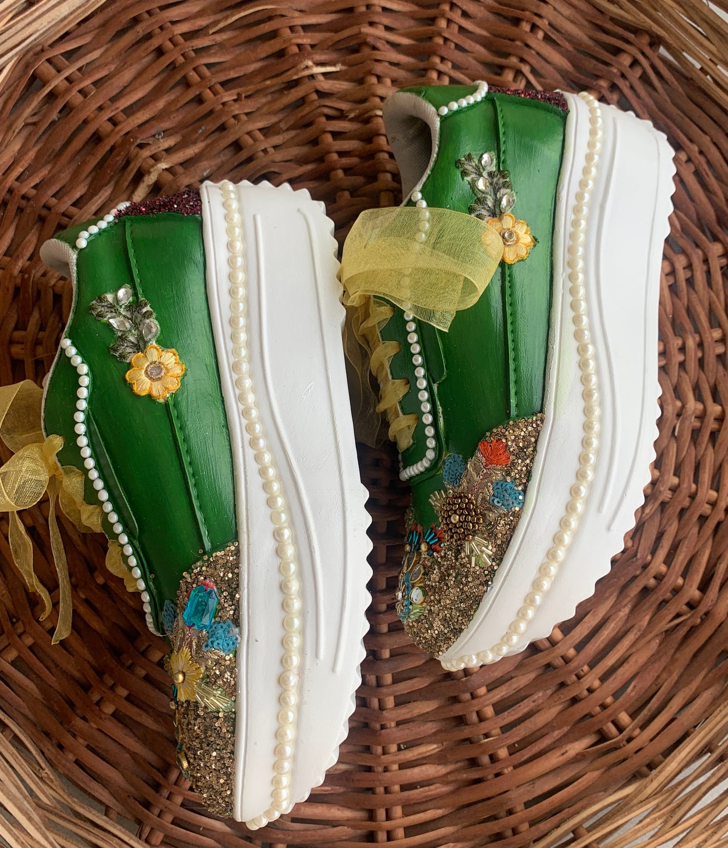 FUNKY N TRENDY green sneakers for brides /gold and green embroidered sneakers/ handcrafted sneakers/ golden sneakers / bridal sneakers / bridesmaid sneakers/ golden hand work sneakers/green sneakers