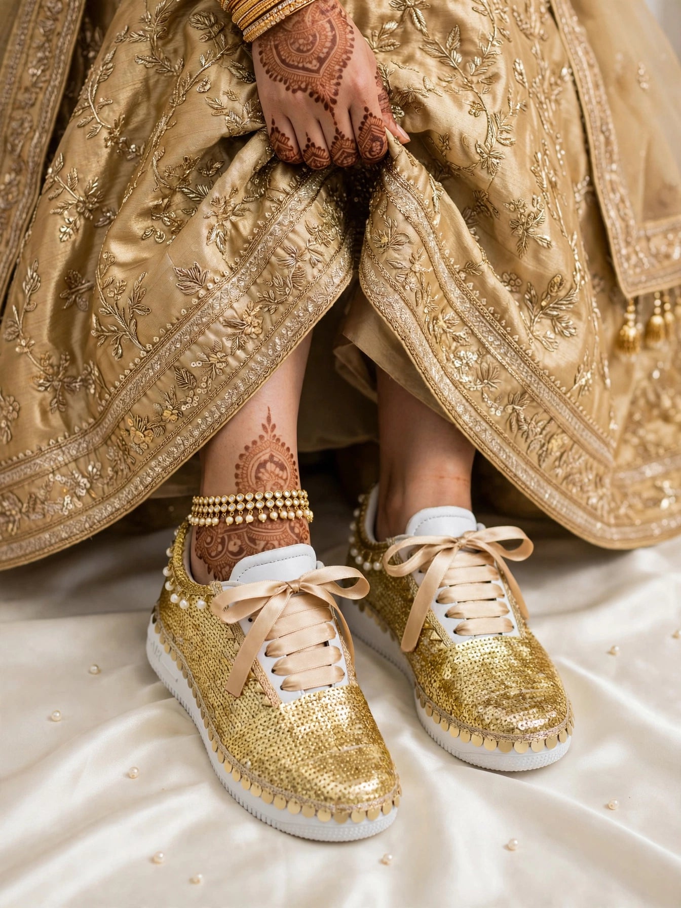 FUNKY N TRENDY handcrafted golden sequine work bridal sneakers / bridesmaid sneakers/ gold sneakers / golden sneakers / sequine work sneakers / gold shoes
