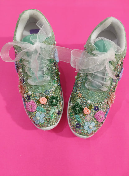 FUNKY N TRENDY “Green Pastel Garden Handcrafted Sneakers – Floral Magic” - Green Sneakers