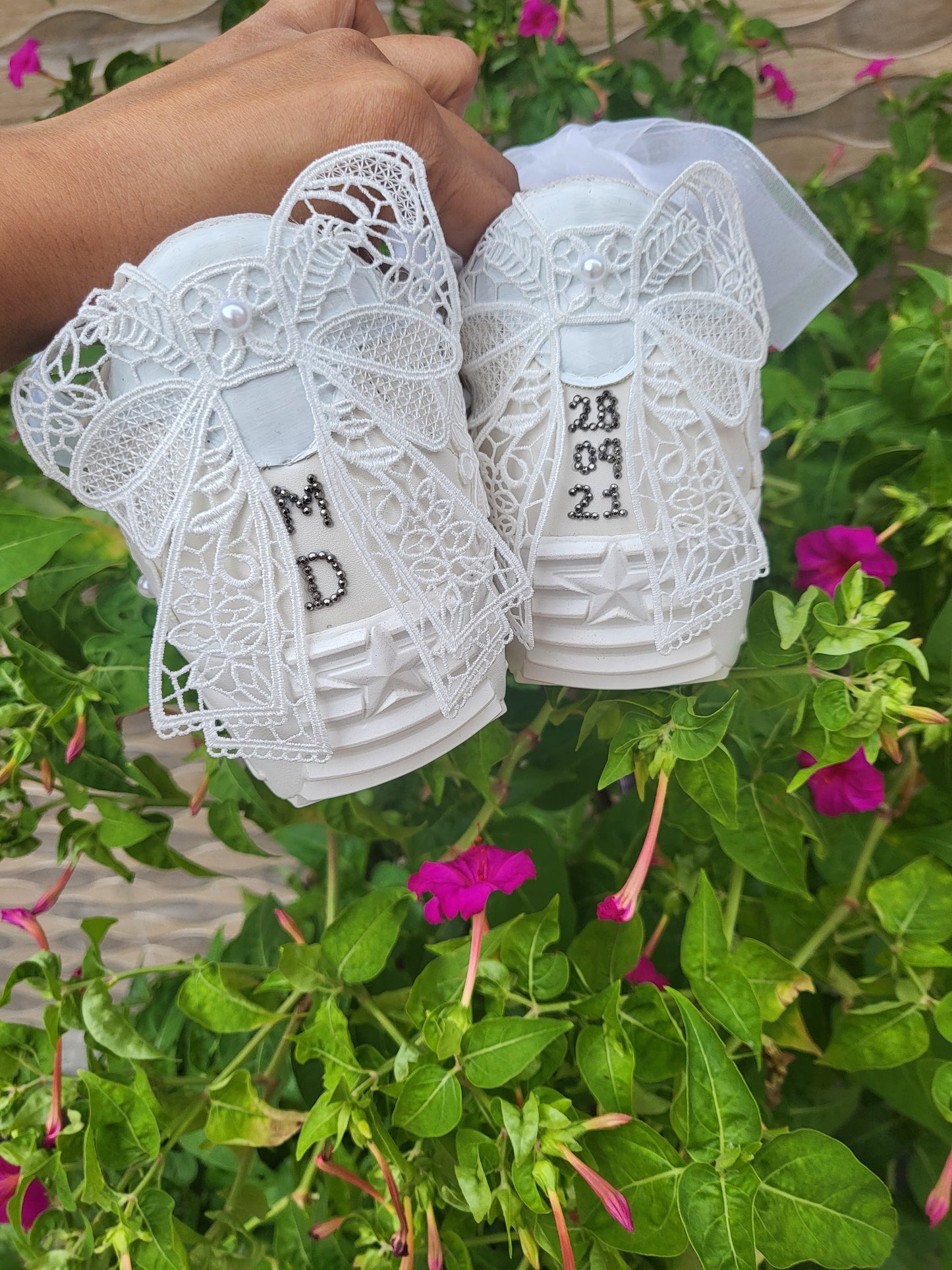 Funky N Trendy white thread work pearl work sneakers with floral detailing / bridal sneakers/ sneaker for bride / white sneakers/ pearl sneakers for bride/custom name initials / wedding date