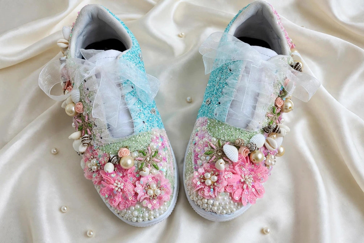 Mermaid Beach Bridal Sneakers - Shell Pearl Wedding Sneakers | Funky N Trendy| Pink & Blue Sneakers