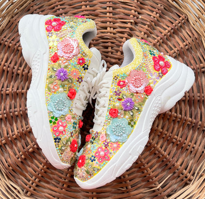 FUNKY N TRENDY “Yellow Pastel Garden Handcrafted Sneakers – Floral Magic”